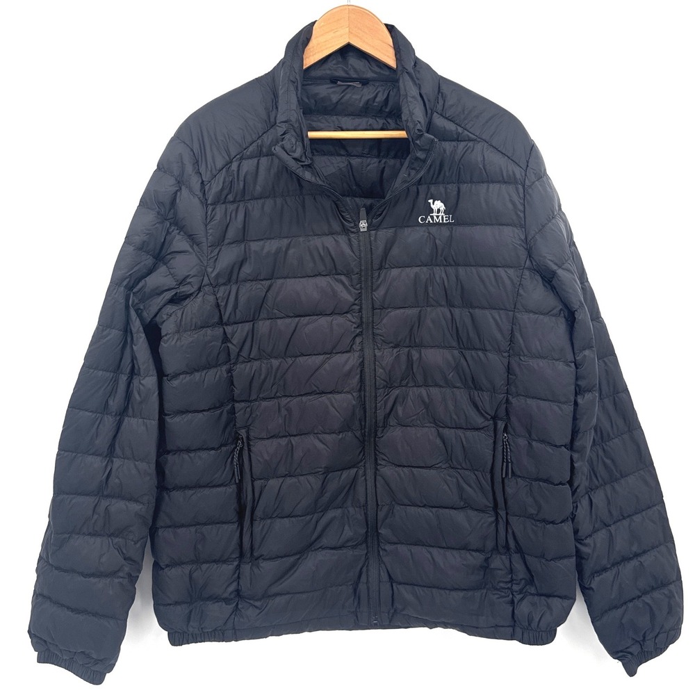 Camel Brand Mens Down Jacket Sz L Black Lightweight Puffer Coat Quilted Logo
